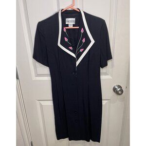 Vintage SL Fashions Petites 10 Black Dress Embroidered Floral Collar Button Fron